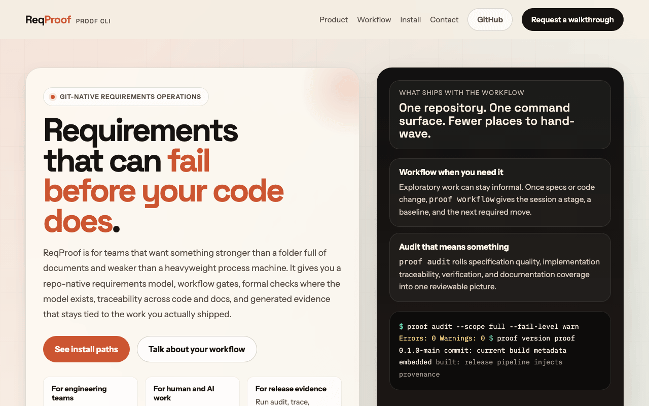 Requirements that can fail: warm cream product page, orange accent; 'Requirements that can fail before your code does.'