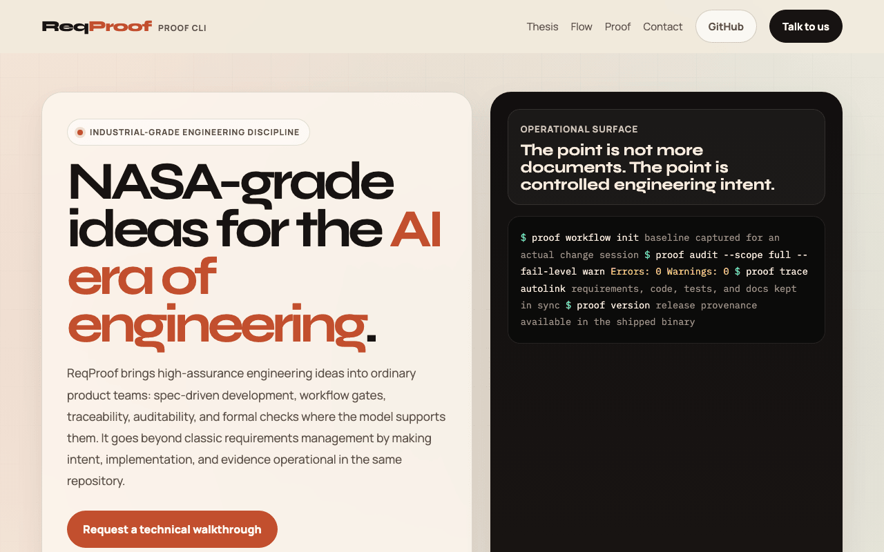NASA-grade ideas: cream and orange split page; 'NASA-grade ideas for the AI era of engineering.' with a dark operational-surface panel.