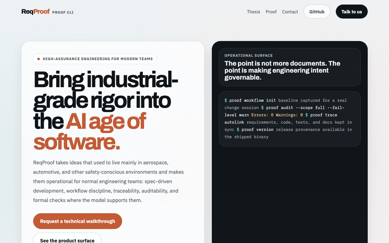 Toned down: the refocus page with the volume lowered; 'Bring industrial-grade rigor into the AI age of software.'
