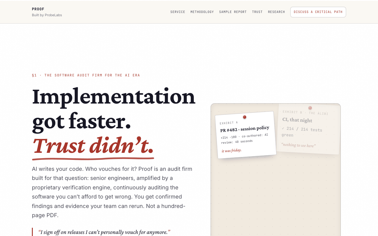 The audit dossier: cream page, black serif with red italic underline, 'Implementation got faster. Trust didn't.', beside an evidence corkboard.