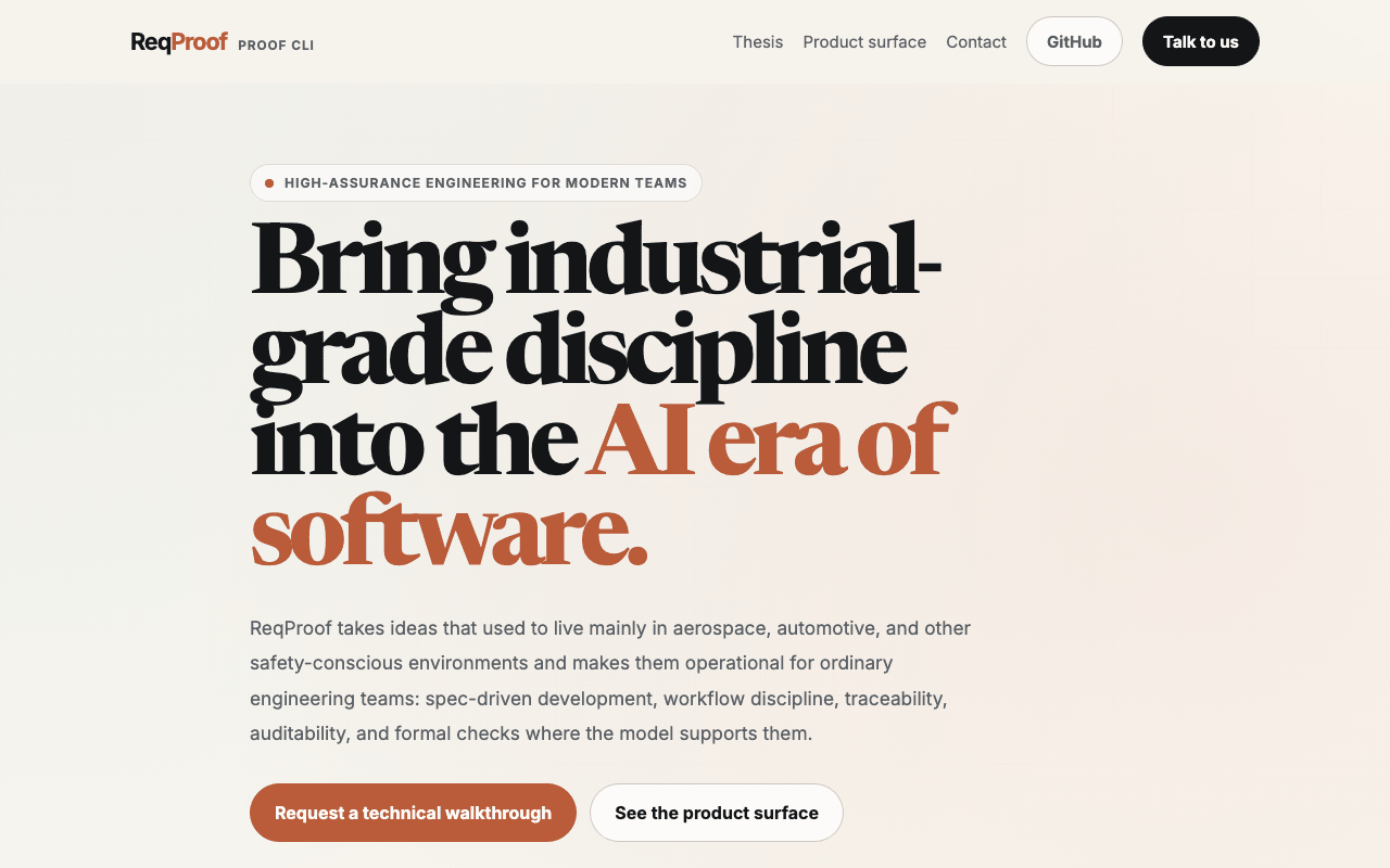 Editorial single-column: warm cream editorial page; giant black display serif with orange accents, 'Bring industrial-grade discipline into the AI era of software.'