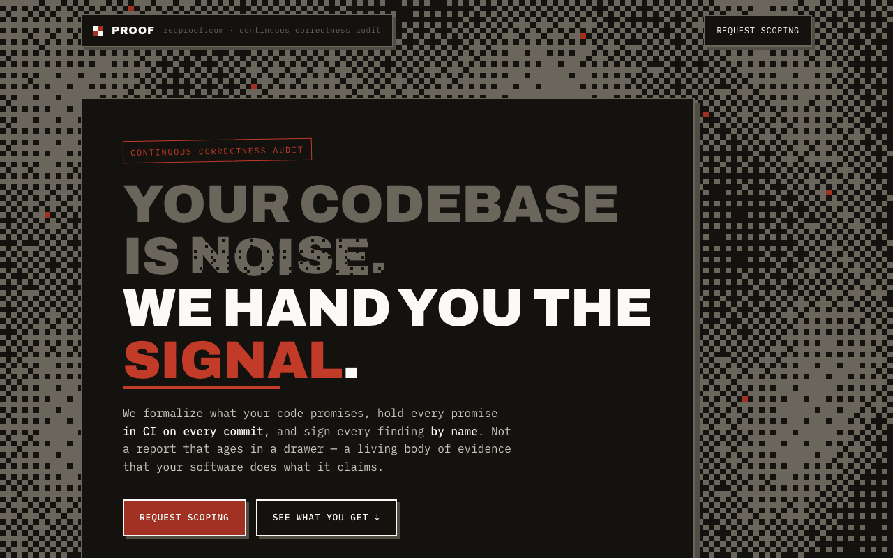 The Signal: black dithered noise field; 'YOUR CODEBASE IS NOISE. WE HAND YOU THE SIGNAL.'