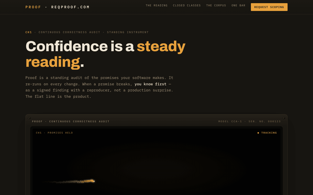 The Instrument: black-and-amber standing instrument; 'Confidence is a steady reading.' with a strip-chart panel.