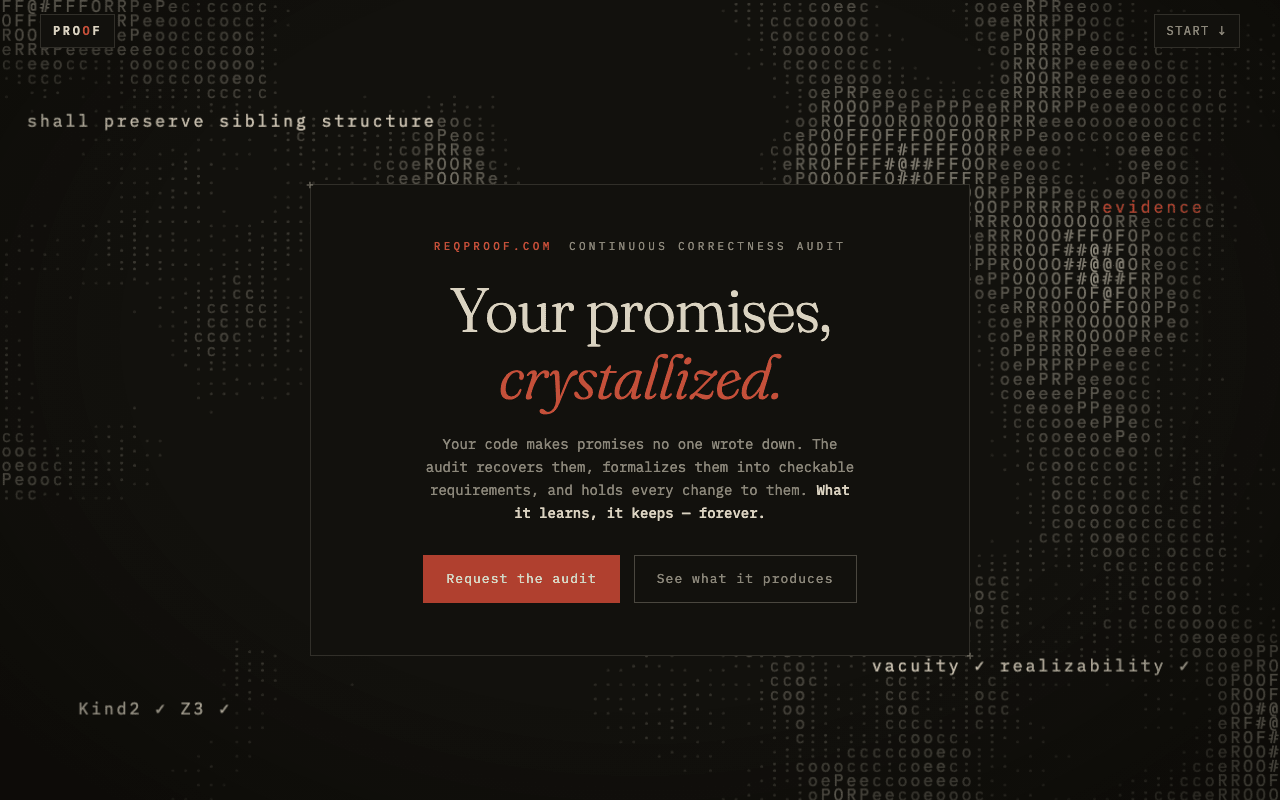 Character Field: dark ASCII character field around a centered serif card; 'Your promises, crystallized.'