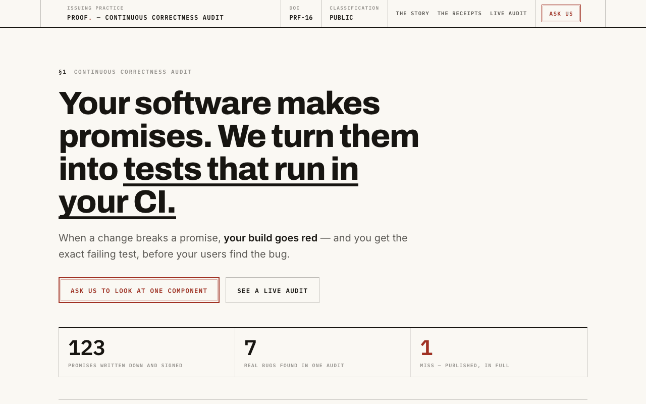 Plain Truth: plain paper document; 'Your software makes promises. We turn them into tests that run in your CI.'