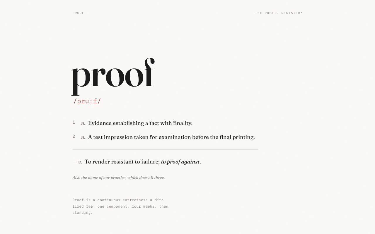 Signed Letter: a dictionary entry on cream; giant serif 'proof /pruːf/' with numbered senses.