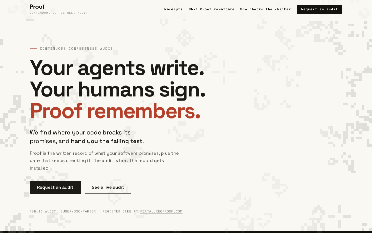 Proof remembers: paper and pixel-field page, red accent; 'Your agents write. Your humans sign. Proof remembers.'