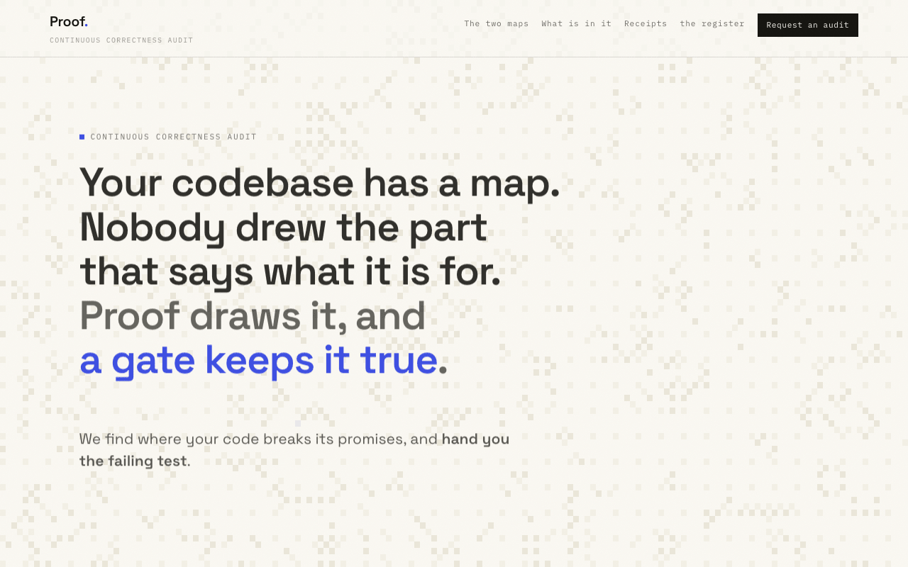 The codebase map: paper and pixel field, blue accent; 'Your codebase has a map. Nobody drew the part that says what it is for.'