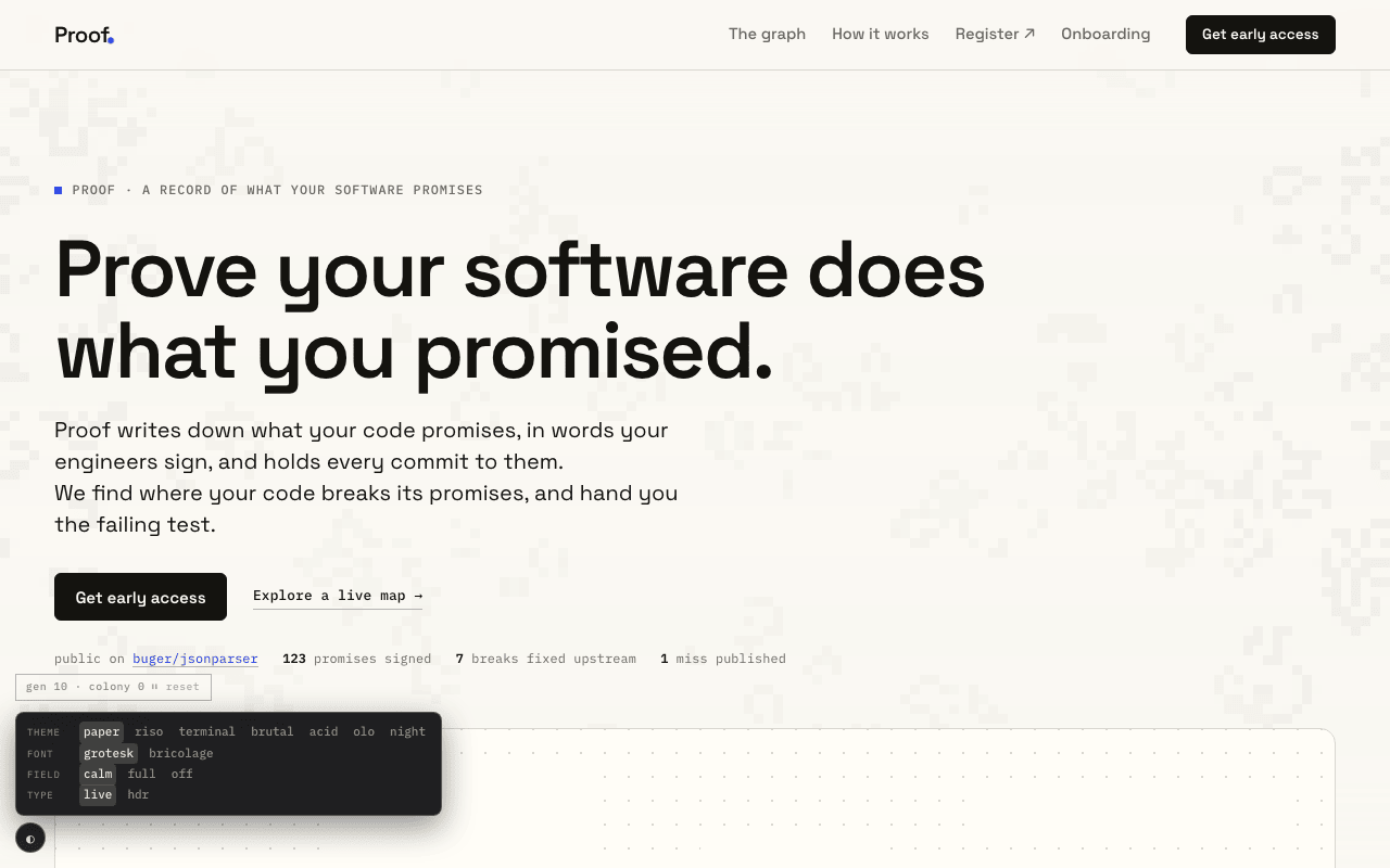 The four-page shell: calmer dotted field on paper, product-first 'Prove your software does what you promised.', theme switcher panel in the corner.