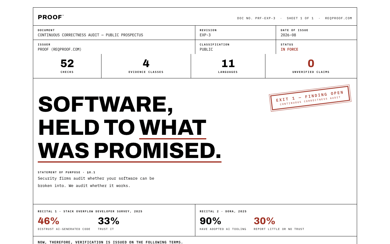 Evidence Dossier: a formal prospectus document; 'SOFTWARE, HELD TO WHAT WAS PROMISED.' with a red EXIT 1 stamp.
