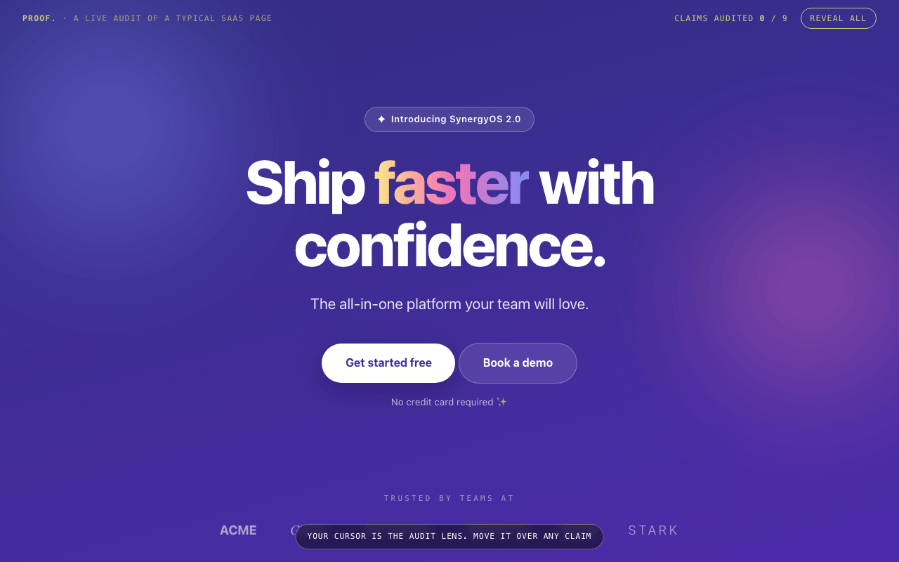 SynergyOS 2.0: a purple-gradient SaaS parody page where the cursor is an audit lens with a claims-audited counter.