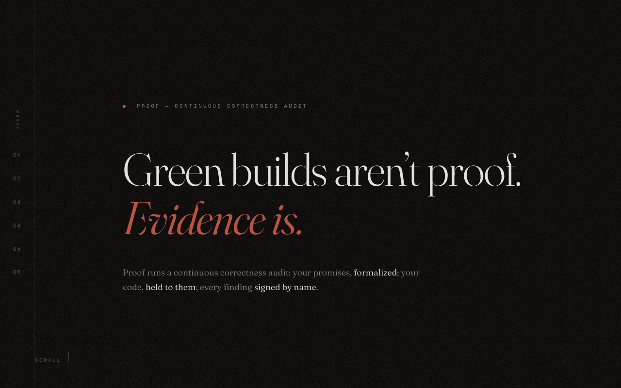 The Reframe: near-black with a giant didone serif statement, 'Green builds aren't proof. Evidence is.'