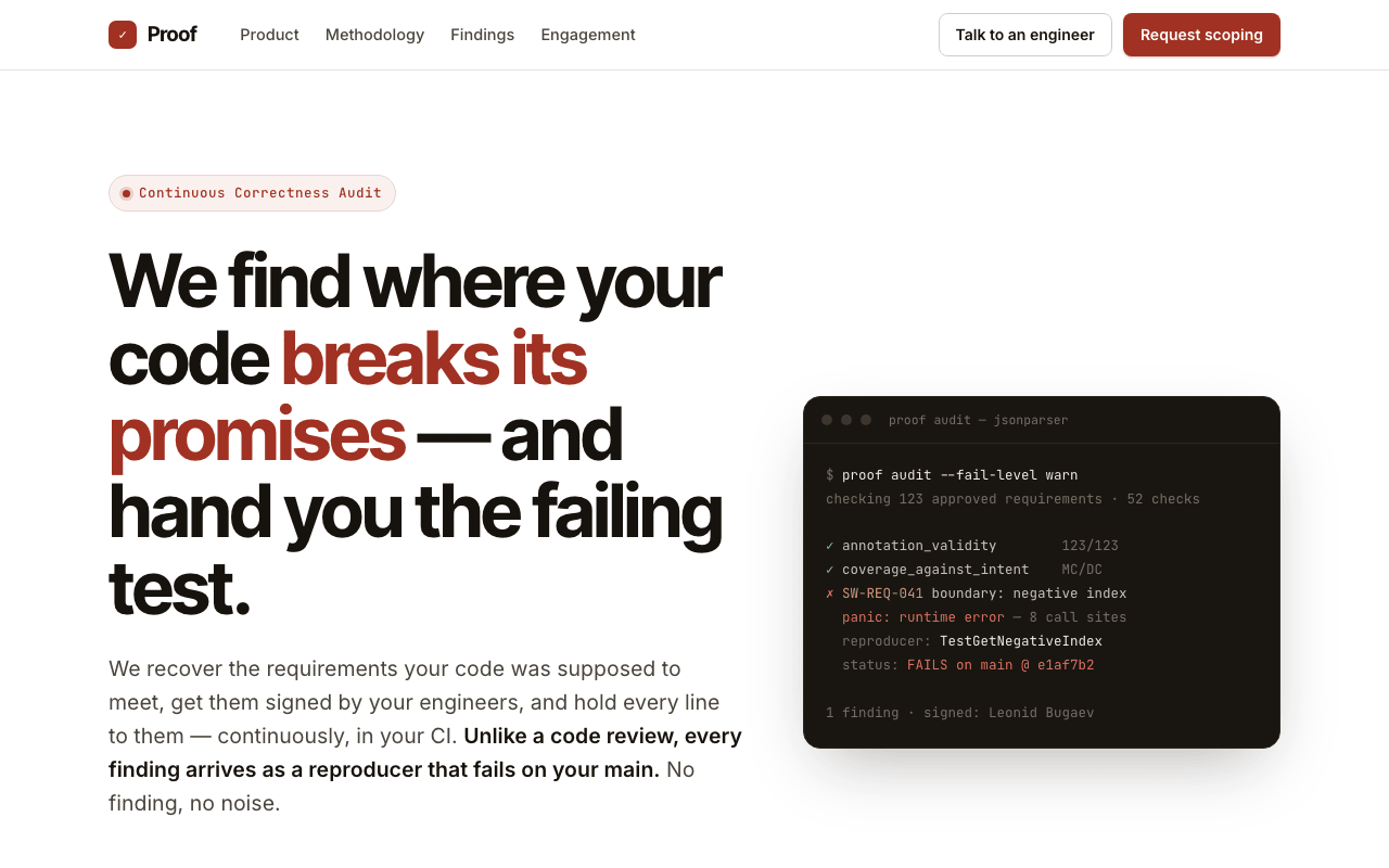 Conversion Machine: light product page, red accents; 'We find where your code breaks its promises — and hand you the failing test.'