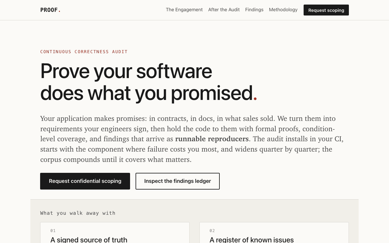 Continuous Correctness Audit (v7): austere paper-white consultancy dossier; 'PROOF.' wordmark, single red accent, 'Prove your software does what you promised.'