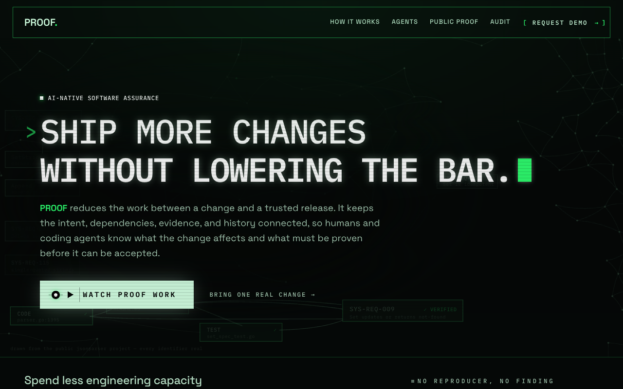Signal Field, served: near black phosphor page, PROOF. wordmark, and the headline Ship more changes without lowering the bar.