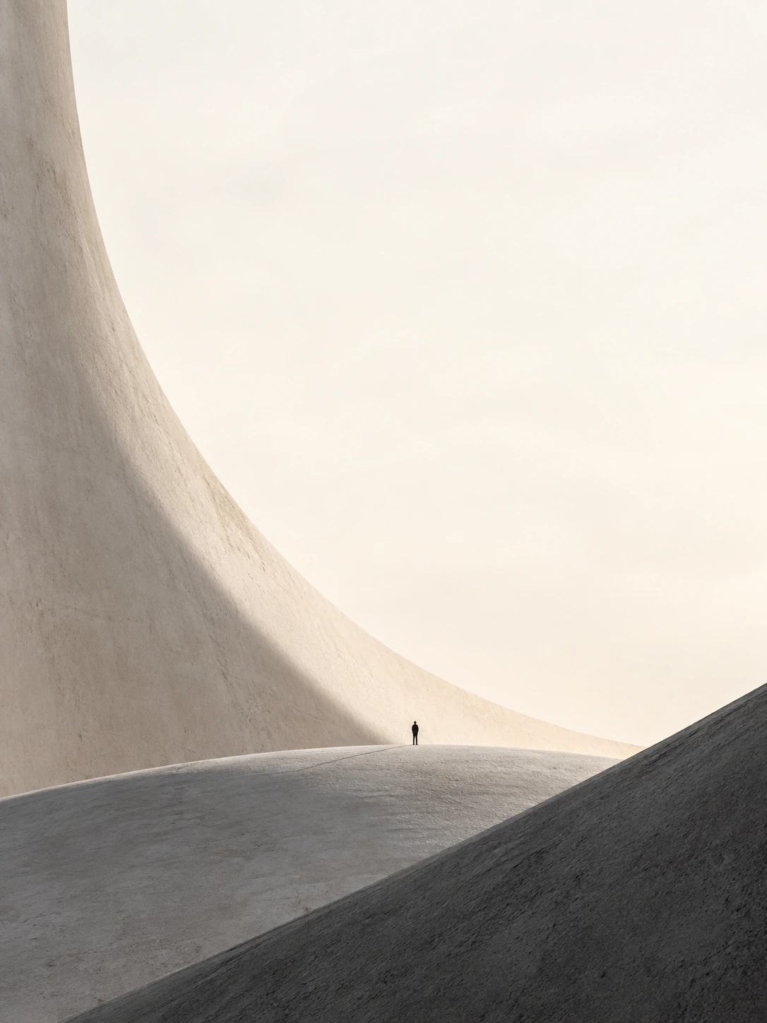 A small figure standing among vast, curved architectural forms.
